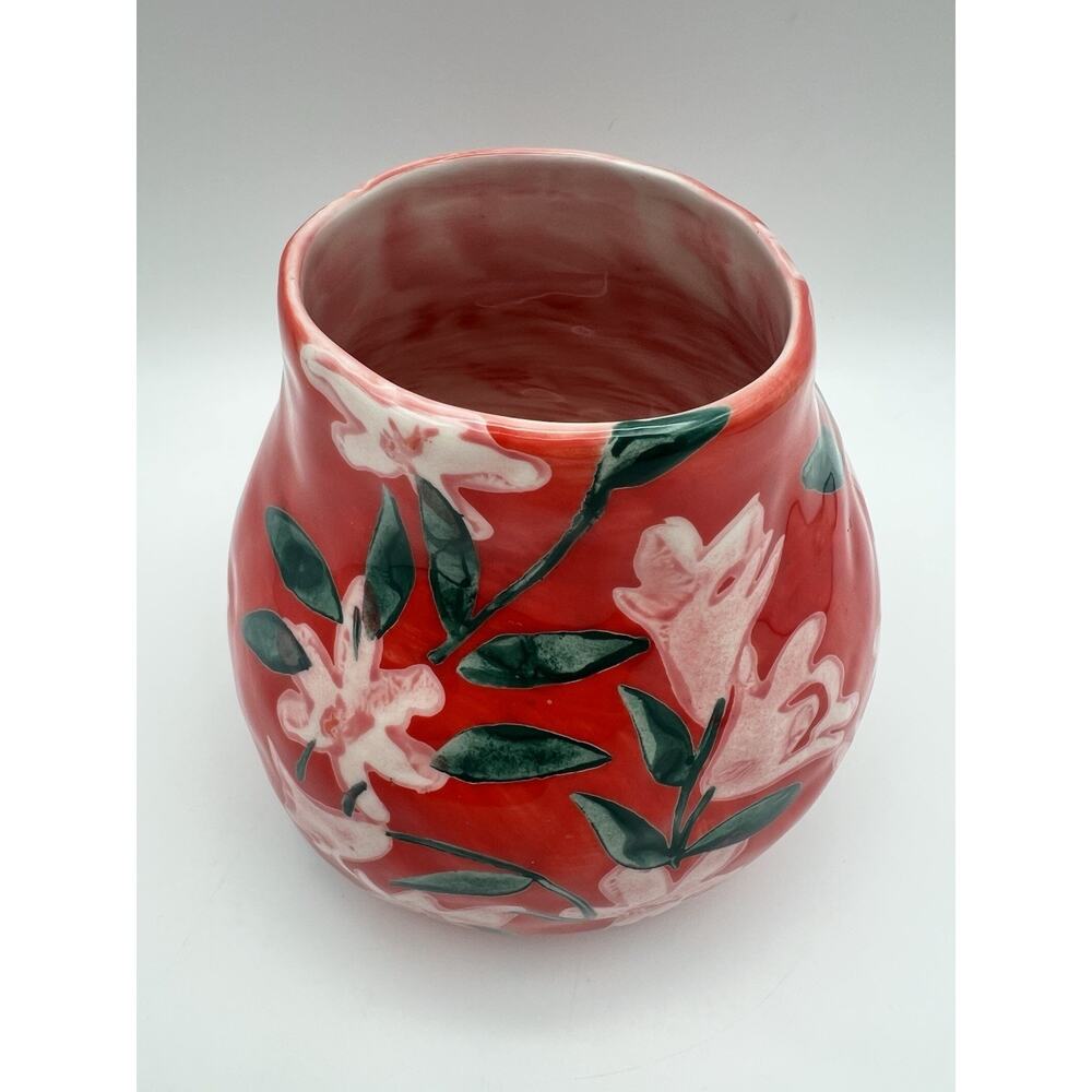 Anthropologie Red Floral Ceramic Vase with Green Leaves - Picture 2 of 8